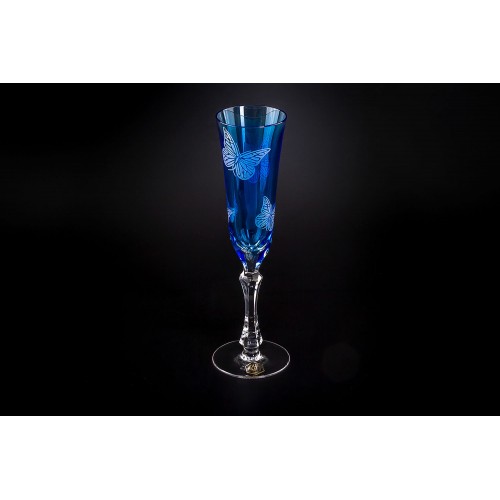 Бокал для шампанского, коллекция Бабочки, хрусталь, цвет голубой CRISTALLERIE de MONTBRONN  