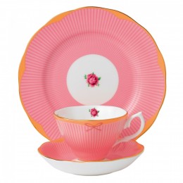 Набор чашка+блюдце+тарелка 20 см, "Сладкие полоски," цвет малиновый Royal Albert, фарфор